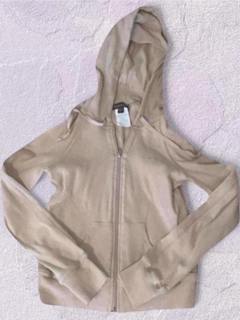 Vintage Y2K Bebe Beige Cotton Rhinestone Logo Zip-Up Hoodie Sweatshirt Small